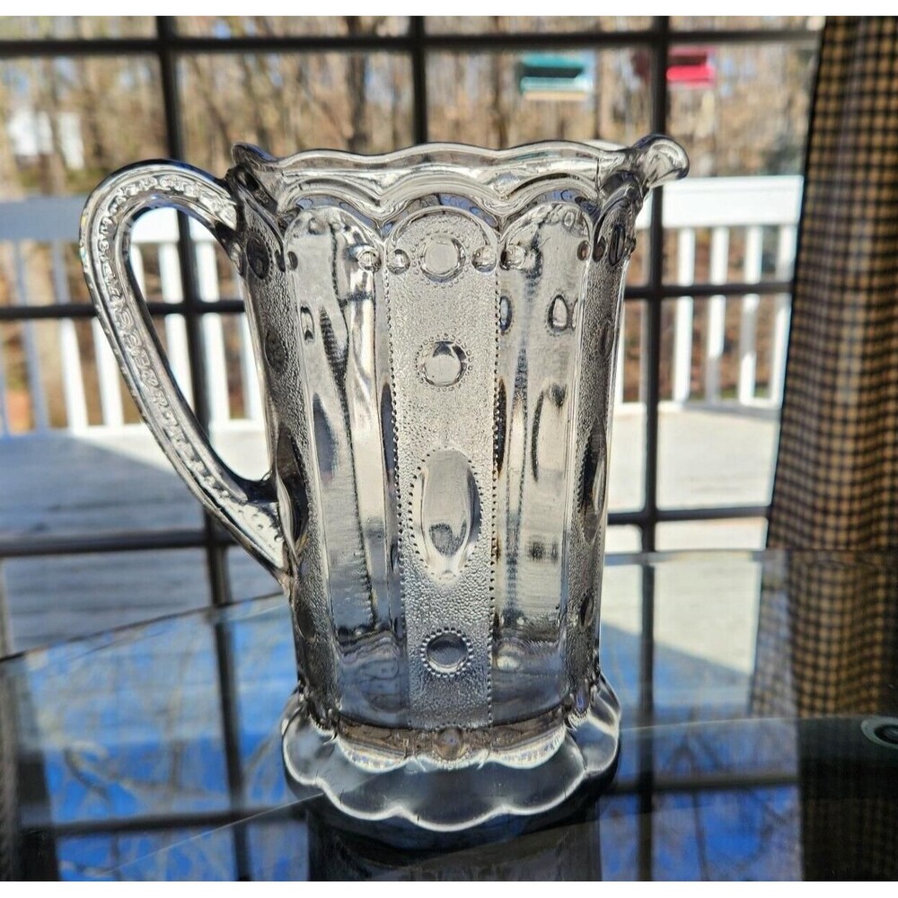 Antique US Glass EAPG Pitcher Kansas Pattern Jewel & Dewdrop 1901 Vase As FOUND